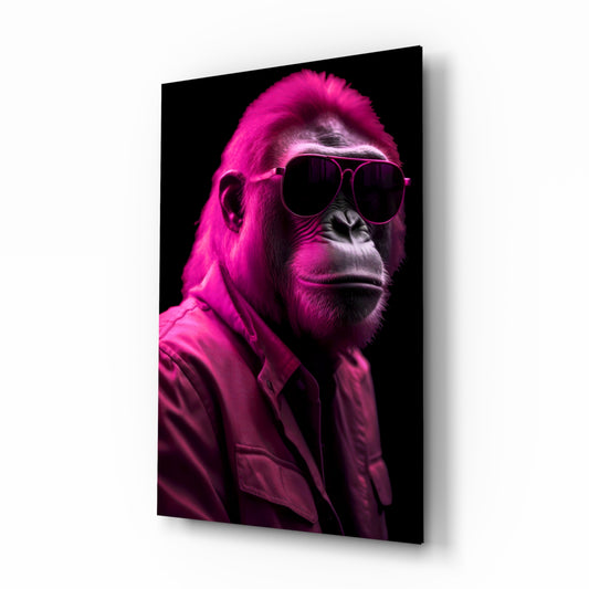 Ape the Cool glass wall art displayed above a velvet bench in a contemporary salon