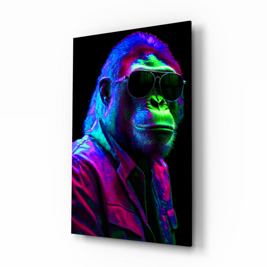 Ape the Cool glass wall art displayed above a velvet bench in a contemporary salon