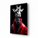 Stylish Giraffe glass wall art displayed above a vanity in a contemporary dressing room