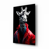 Stylish Giraffe glass wall art displayed above a vanity in a contemporary dressing room