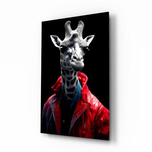 Stylish Giraffe glass wall art displayed above a vanity in a contemporary dressing room