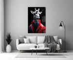 Stylish Giraffe close-up showing scarlet patent puffer over denim collar