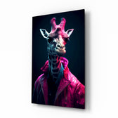 Stylish Giraffe glass wall art displayed above a vanity in a contemporary dressing room