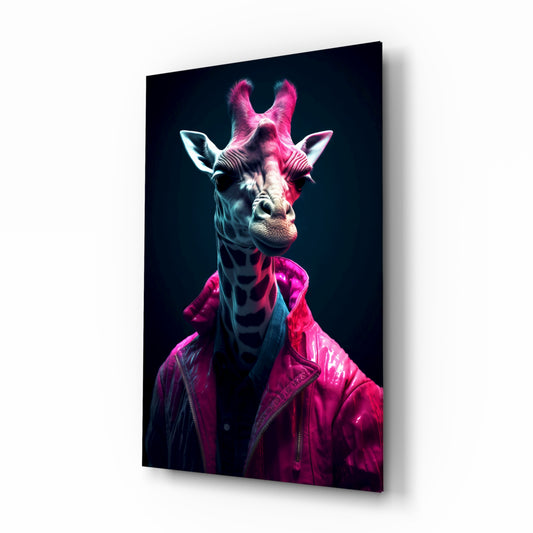 Stylish Giraffe glass wall art displayed above a vanity in a contemporary dressing room