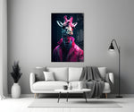 Stylish Giraffe close-up showing magenta patent puffer and teal rim light