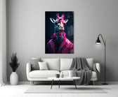 Stylish Giraffe close-up showing magenta patent puffer and teal rim light