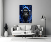 Rebellios Ape close-up showing indigo denim hoodie and navy headphones