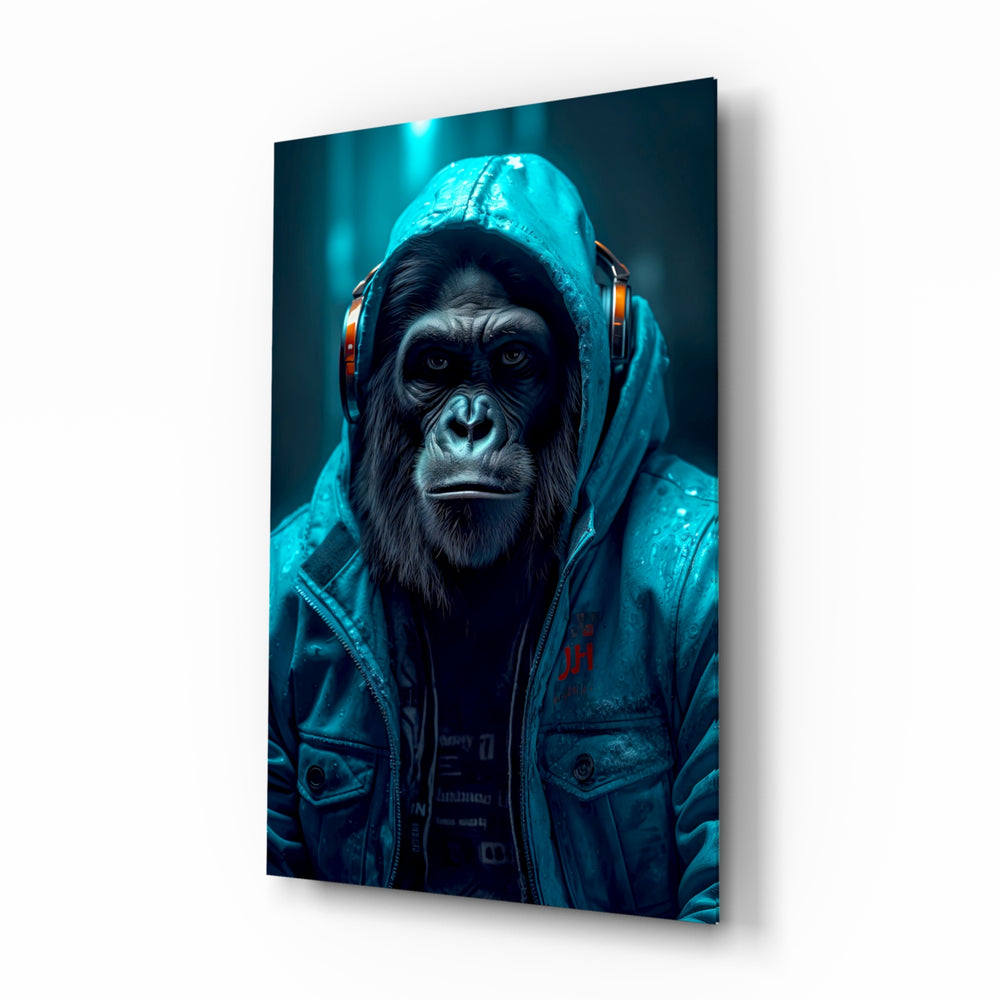 Music and the Ape glass wall art displayed above a leather sofa in a moody man cave