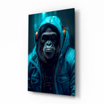Music and the Ape glass wall art displayed above a leather sofa in a moody man cave