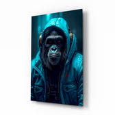 Music and the Ape glass wall art displayed above a leather sofa in a moody man cave