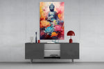 Buddha panel catching lamp light to reveal its watercolor glow