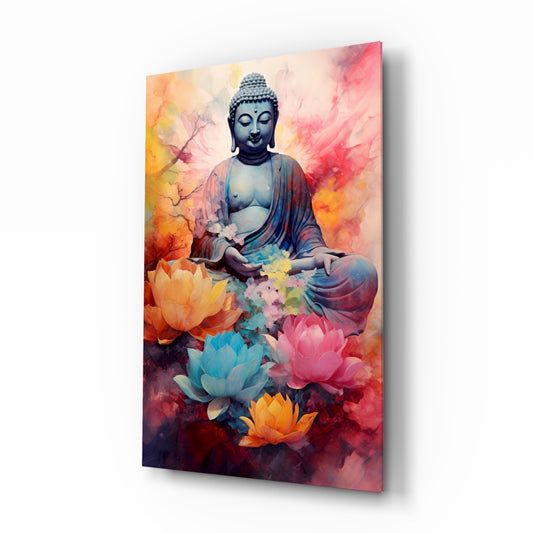 Buddha glass wall art displayed above a meditation cushion in a yoga studio