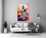Buddha close-up showing sapphire robe and rose-saffron lotus blossoms