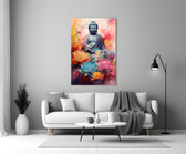 Buddha close-up showing sapphire robe and rose-saffron lotus blossoms