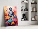 Buddha glass print enhancing a reading nook with watercolor palette