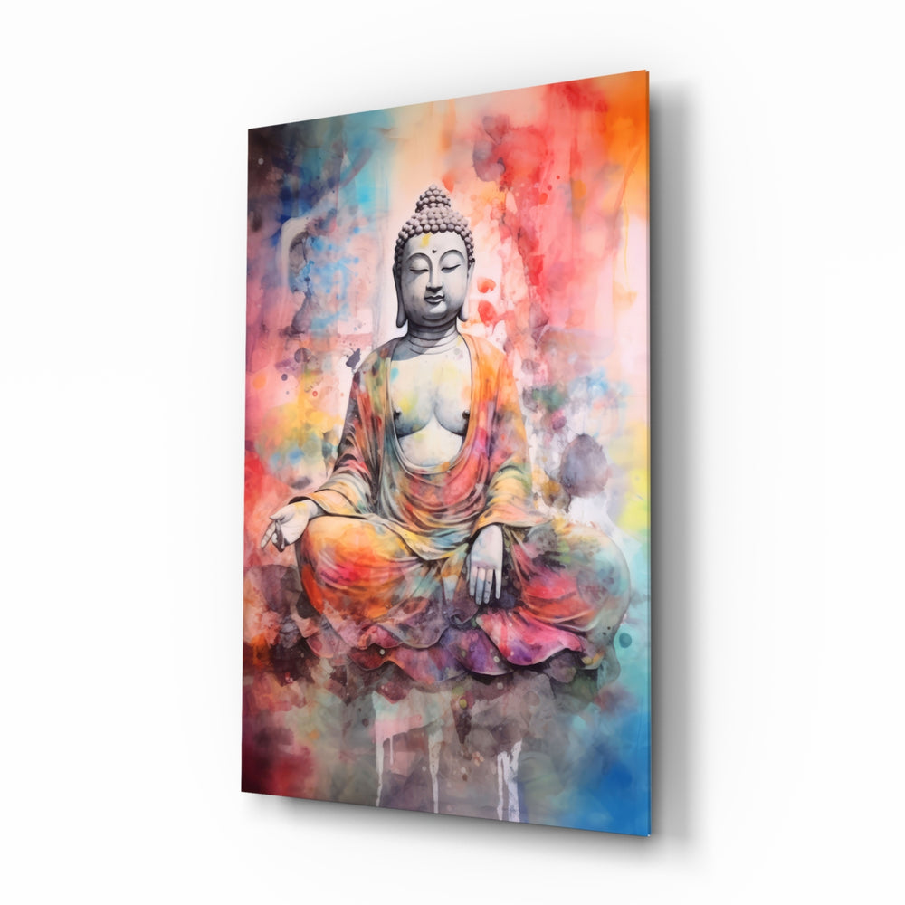Buddha glass wall art displayed above a meditation cushion in a yoga studio