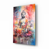 Buddha glass wall art displayed above a meditation cushion in a yoga studio