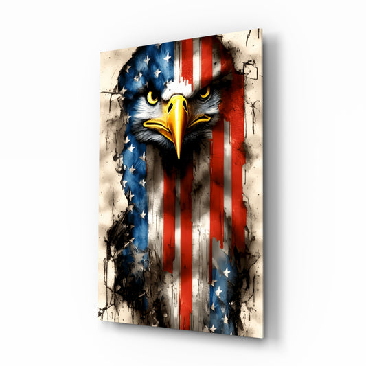 American Eagle glass wall art displayed above a leather chesterfield in a contemporary study