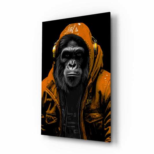 The Ape glass wall art displayed above a leather sofa in a contemporary media room