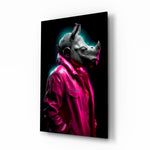 Rhino in Style glass wall art displayed above a vanity in a contemporary dressing room