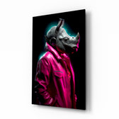 Rhino in Style glass wall art displayed above a vanity in a contemporary dressing room