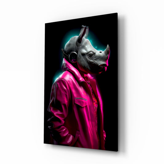 Rhino in Style glass wall art displayed above a vanity in a contemporary dressing room