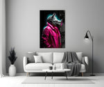 Rhino in Style close-up showing magenta leather jacket and cyan rim halo