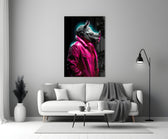 Rhino in Style close-up showing magenta leather jacket and cyan rim halo