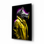 Rhino in Style glass wall art displayed above a vanity in a contemporary dressing room