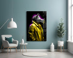 Rhino in Style glass wall art styled above a sideboard in a media room
