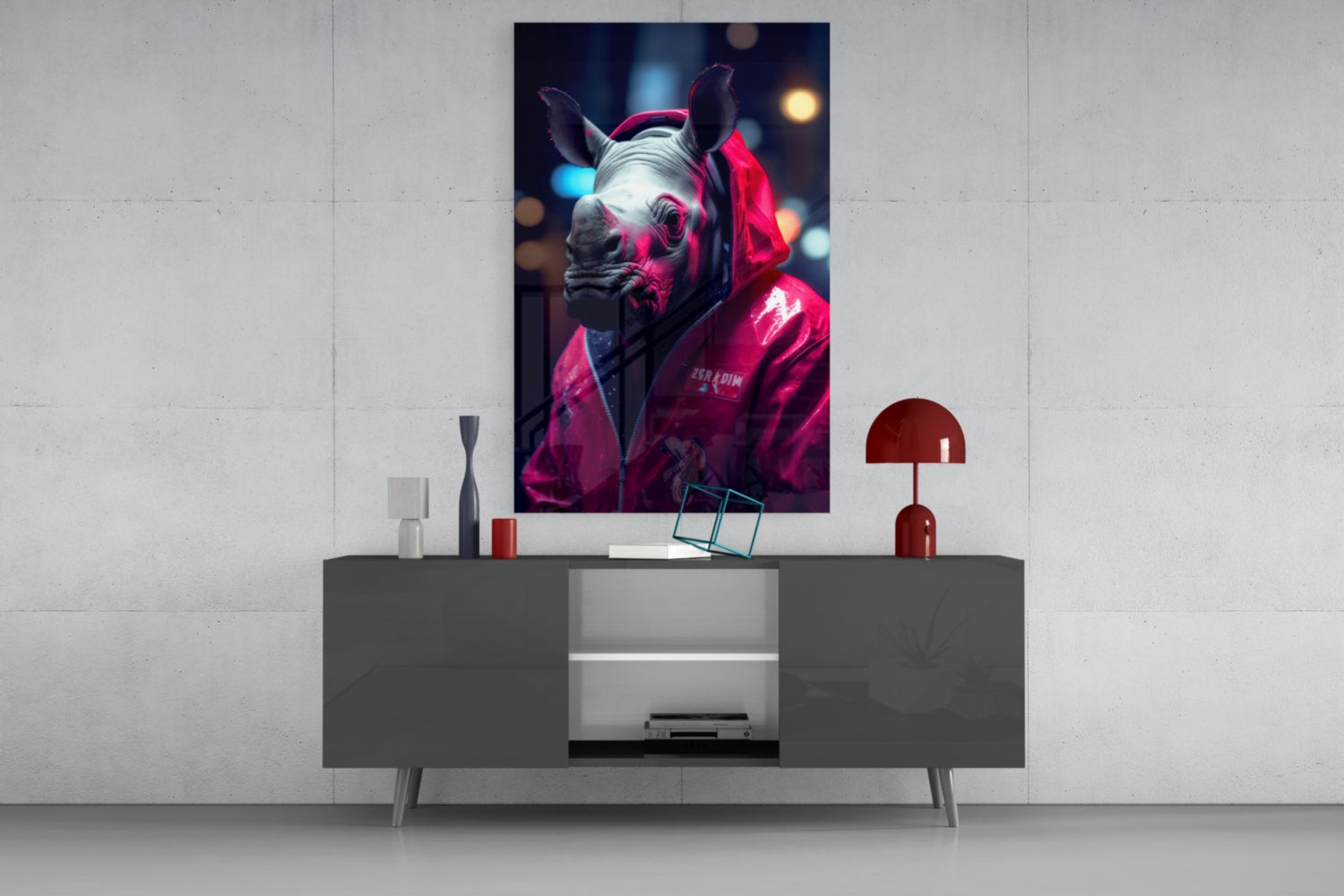 Rhino in Night Glass Wall Art || Designer Collection.