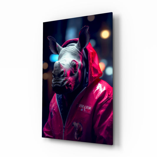Rhino in Night glass wall art displayed above a leather sofa in a contemporary media room