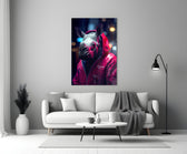 Rhino in Night close-up showing magenta rain jacket and city bokeh