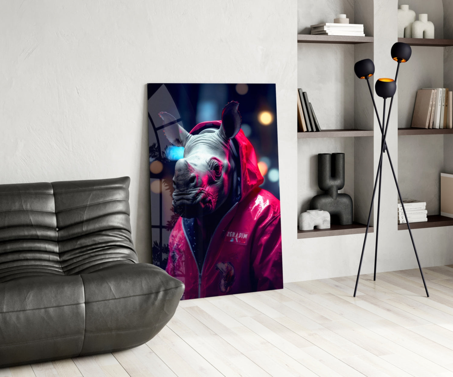 Rhino in Night Glass Wall Art || Designer Collection.