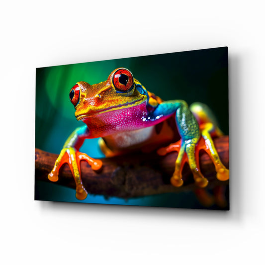 Froglet glass wall art displayed above a daybed in a child's bedroom