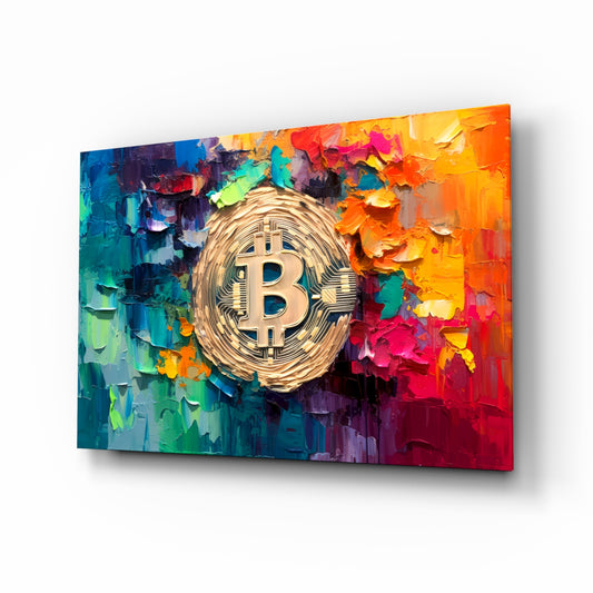 Bitcoin glass wall art displayed above a desk in a contemporary home office