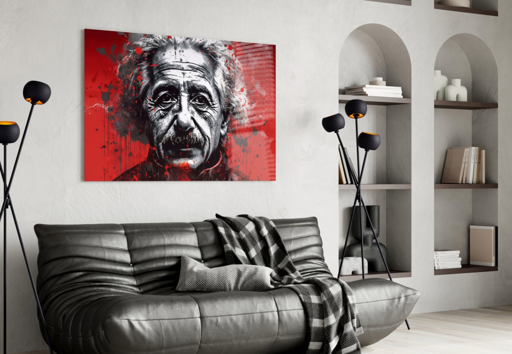 Einstein glass wall art styled above a sideboard in a man cave