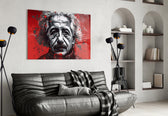 Einstein glass wall art styled above a sideboard in a man cave