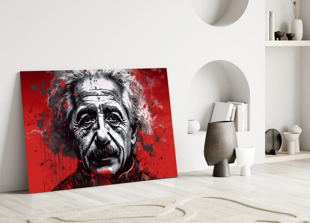 Einstein close-up showing graphite portrait and crimson splatter