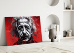 Einstein close-up showing graphite portrait and crimson splatter