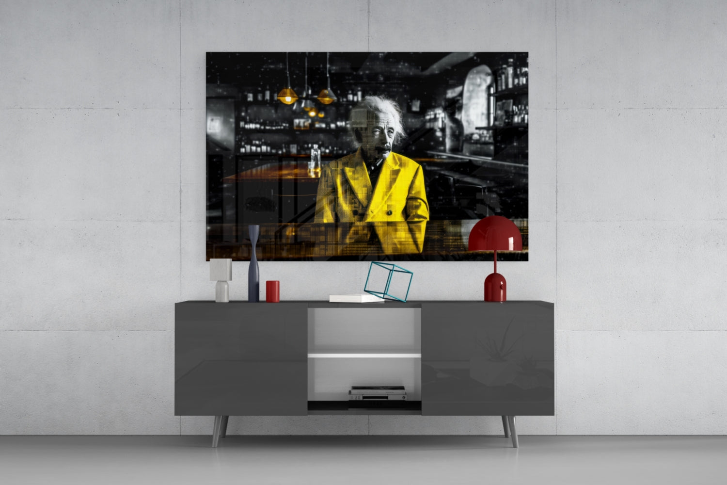 Einstein in the Bar Glass Wall Art || Designers Collection.