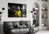 Einstein in the Bar glass wall art styled above a leather chesterfield in a study
