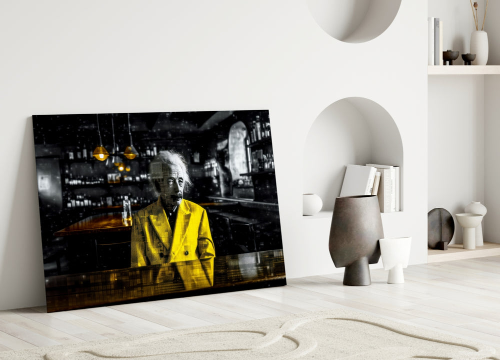 Einstein in the Bar close-up showing canary jacket and amber pendant lights