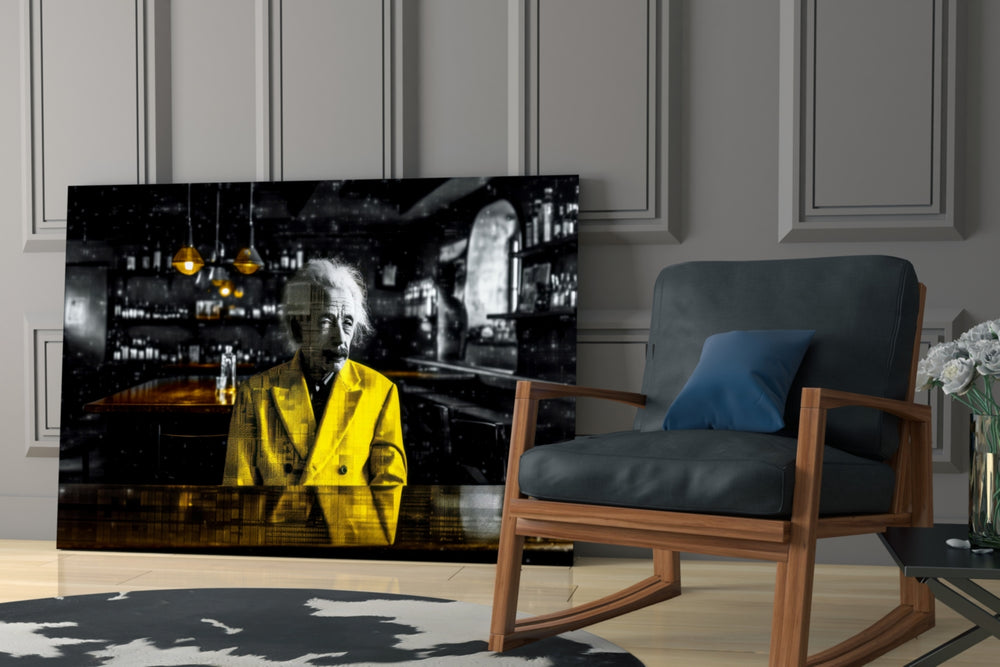Einstein in the Bar glass print enhancing a den with statement palette
