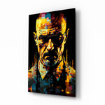 Heisenberg glass wall art displayed above a leather sofa in a moody man cave