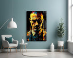 Heisenberg glass wall art styled above a sideboard in a study