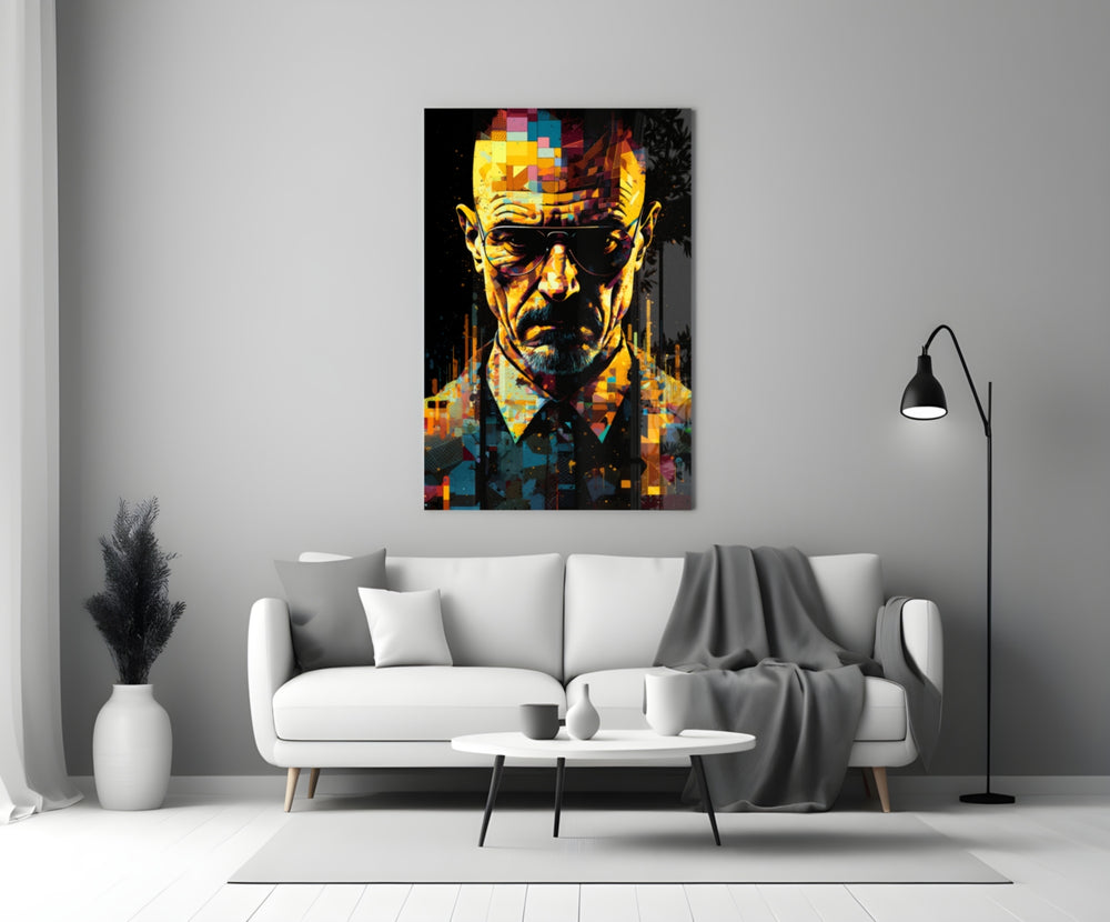 Heisenberg close-up showing aviator sunglasses and cubist pixel mosaic