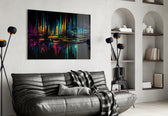 Color Stream glass wall art styled above a leather sofa in a man cave