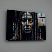 Glitch-portrait panel bringing cinematic glow to a moody media room