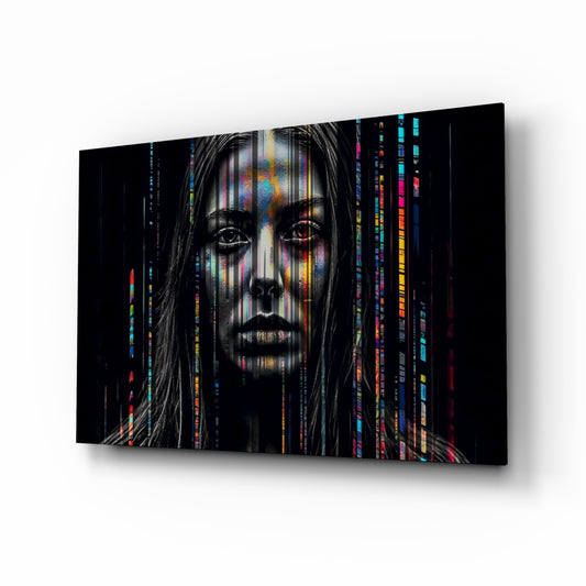Color Stream glass wall art displayed above a desk in a contemporary home office